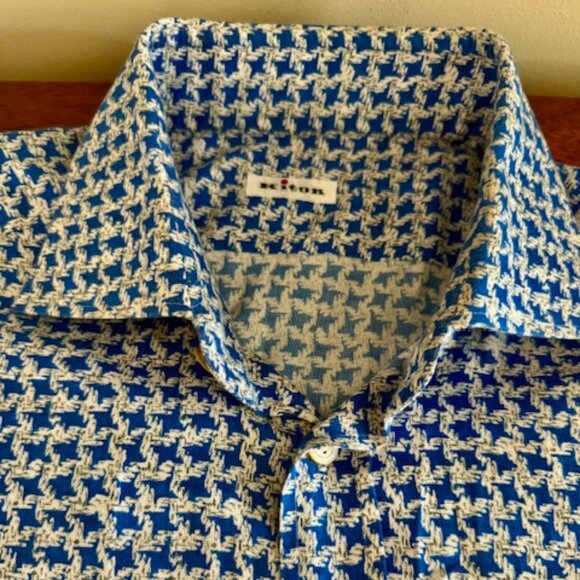 Kiton Luxury Blue Houndstooth Pattern Cotton Dress/Sport Shirt Sz Large, RT $800 - Picture 5 of 13